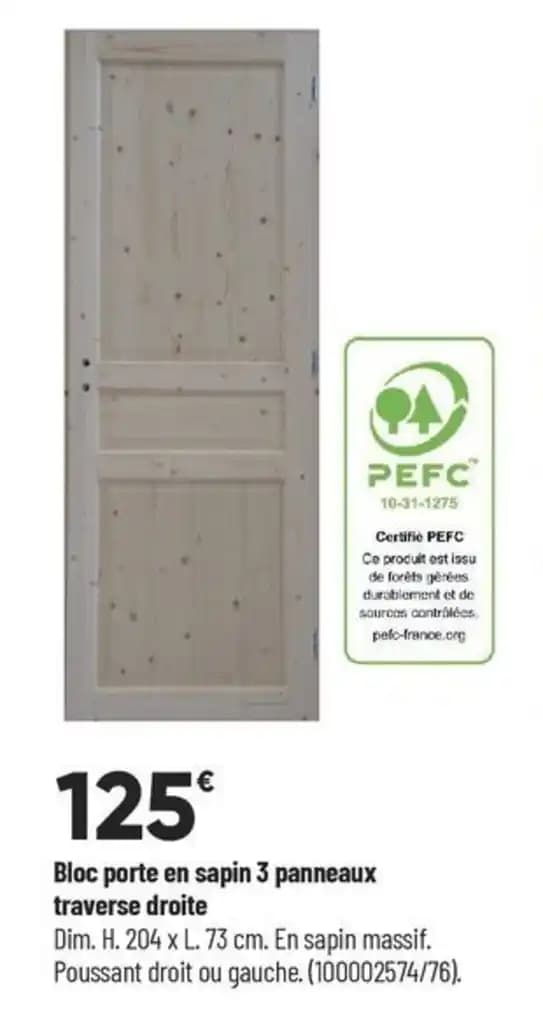 Bloc porte en sapin 3 panneaux traverse droite