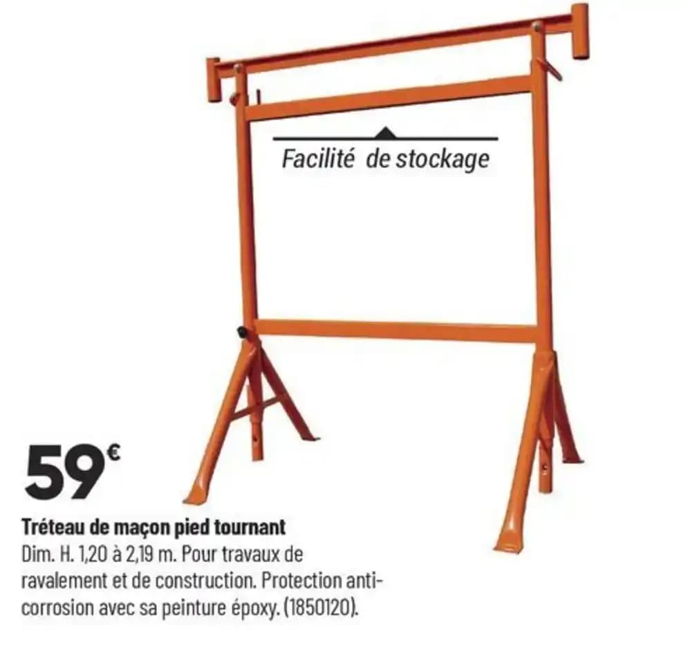 Tréteau de maçon pied tournant Dim. H. 1,20 à 2,19 m. Pour travaux de