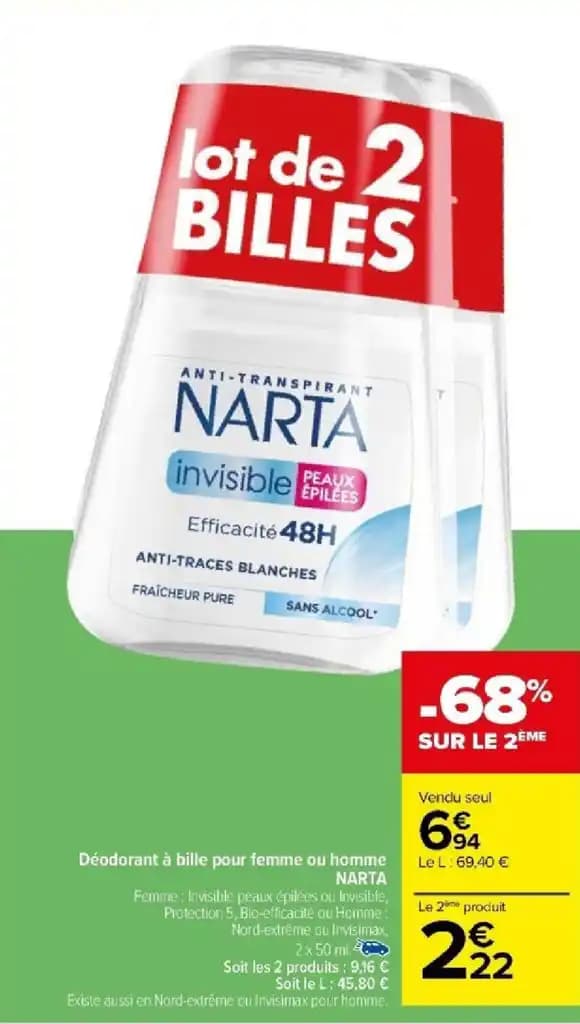 Déodorant à bille pour femme ou homme NARTA