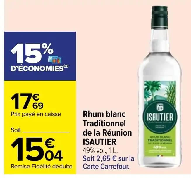 Rhum blanc Traditionnel de la Réunion ISAUTIER 49% vol.