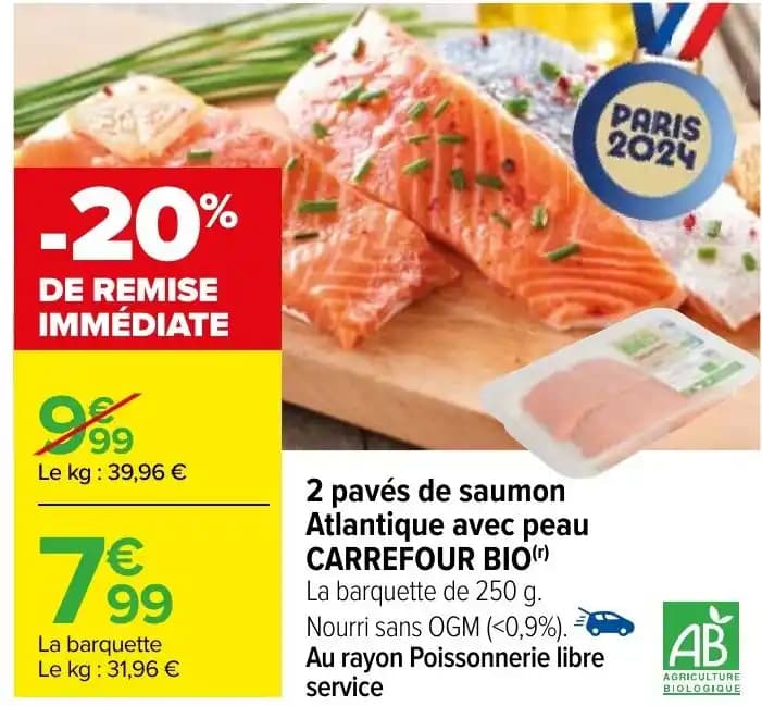 2 pavés de saumon Atlantique avec peau CARREFOUR BIO(r)