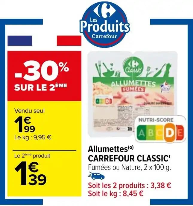 Allumettes (º) CARREFOUR CLASSIC' Fumées ou Nature, 2 x 100 g.