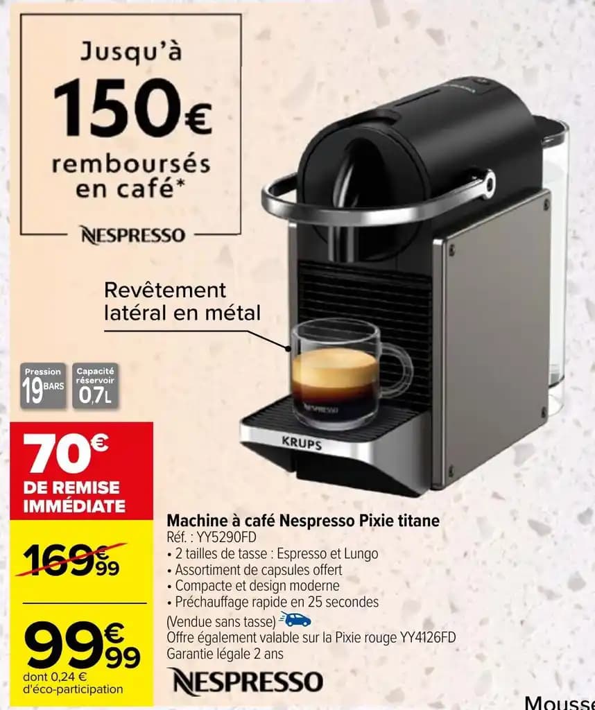 Machine à café Nespresso Pixie titane Réf.: YY5290FD