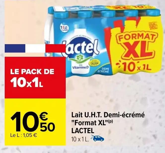 Lait U.H.T. Demi-écrémé "Format XL"(p) LACTEL 10 x 1 L.
