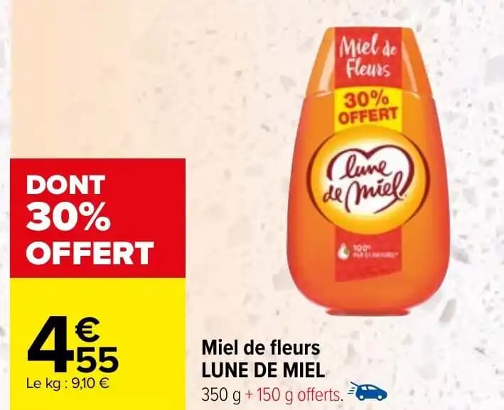 Miel de fleurs LUNE DE MIEL 350 g + 150 g offerts.