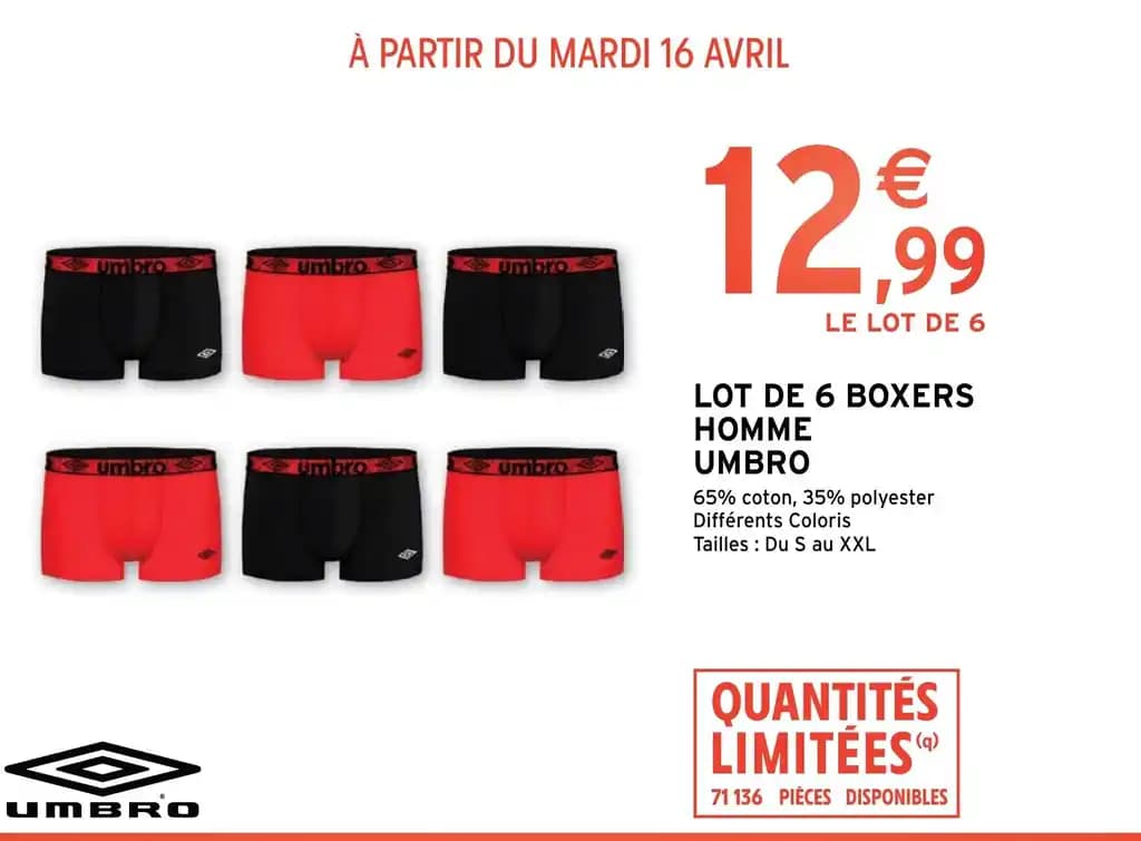 LOT DE 6 BOXERS HOMME UMBRO