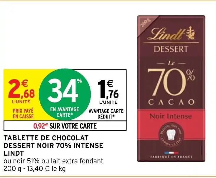 TABLETTE DE CHOCOLAT DESSERT NOIR 70% INTENSE LINDT