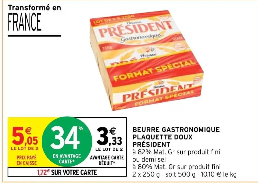 BEURRE GASTRONOMIQUE PLAQUETTE DOUX PRESIDENT