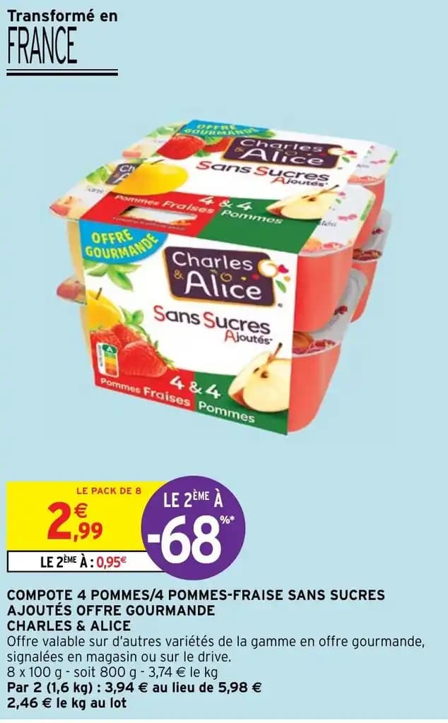 COMPOTE 4 POMMES/4 POMMES-FRAISE SANS SUCRES AJOUTÉS OFFRE GOURMANDE CHARLES & ALICE