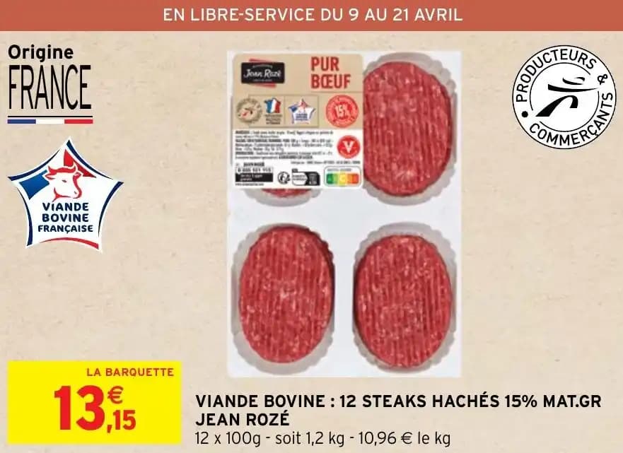 VIANDE BOVINE : 12 STEAKS HACHÉS 15% MAT.GR JEAN ROZÉ