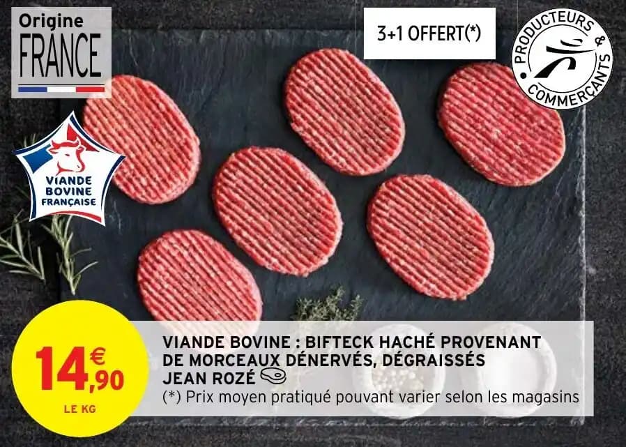 VIANDE BOVINE: BIFTECK HACHÉ PROVENANT DE MORCEAUX DÉNERVÉS, DÉGRAISSÉS JEAN ROZÉ