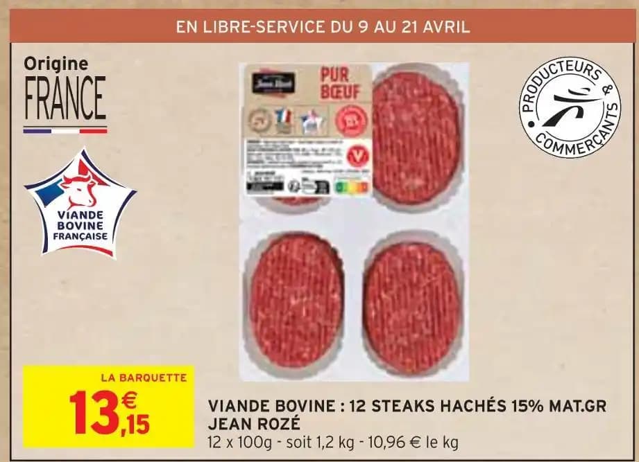 JEAN ROZÉ VIANDE BOVINE : 12 STEAKS HACHÉS 15% MAT.GR