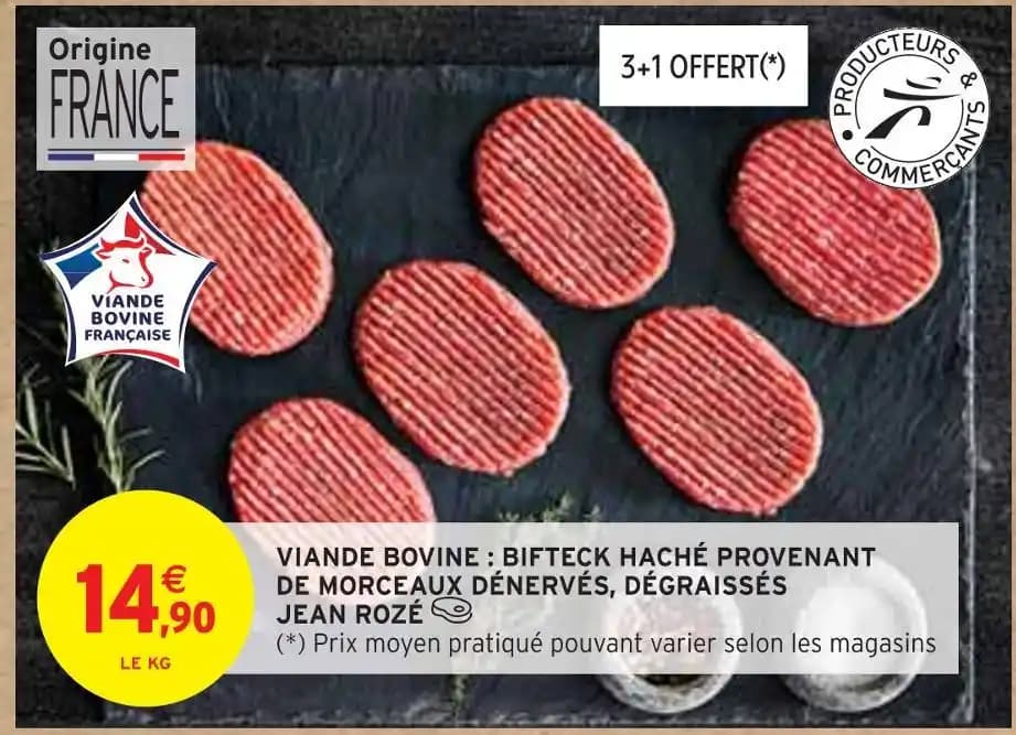 JEAN ROZÉ VIANDE BOVINE : BIFTECK HACHÉ PROVENANT DE MORCEAUX DÉNERVÉS, DÉGRAISSÉS