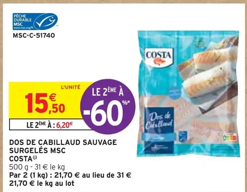 COSTA DOS DE CABILLAUD SAUVAGE SURGELÉS MSC
