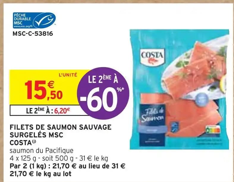 COSTA FILETS DE SAUMON SAUVAGE SURGELÉS MSC