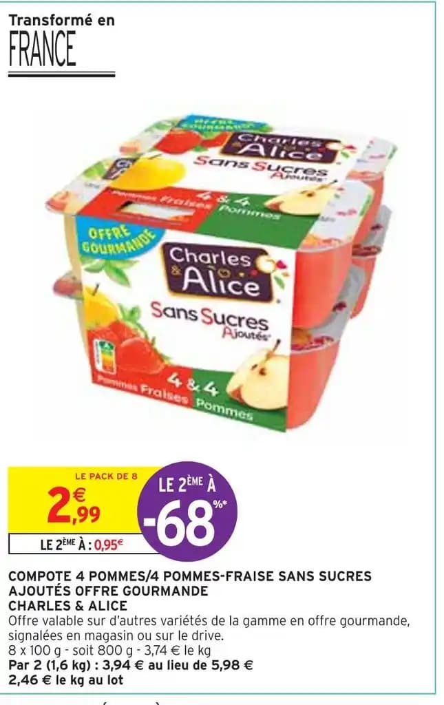 CHARLES & ALICE COMPOTE 4 POMMES/4 POMMESFRAISE SANS SUCRES AJOUTÉS OFFRE GOURMANDE