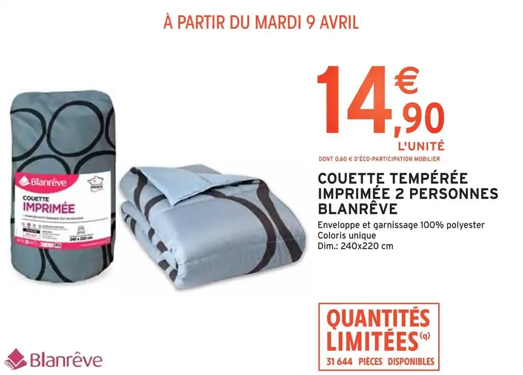 BLANRÊVE COUETTE TEMPÉRÉE IMPRIMÉE 2 PERSONNES