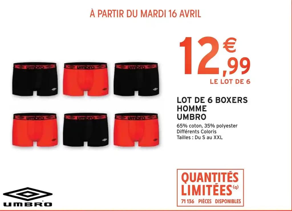 UMBRO LOT DE 6 BOXERS HOMME