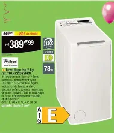 Whirlpool - lave linge top tdlr7220ssfrn