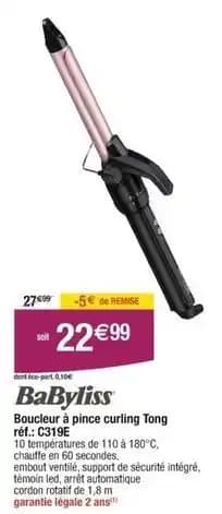 Babyliss - boucleur à pince curling tong c319e