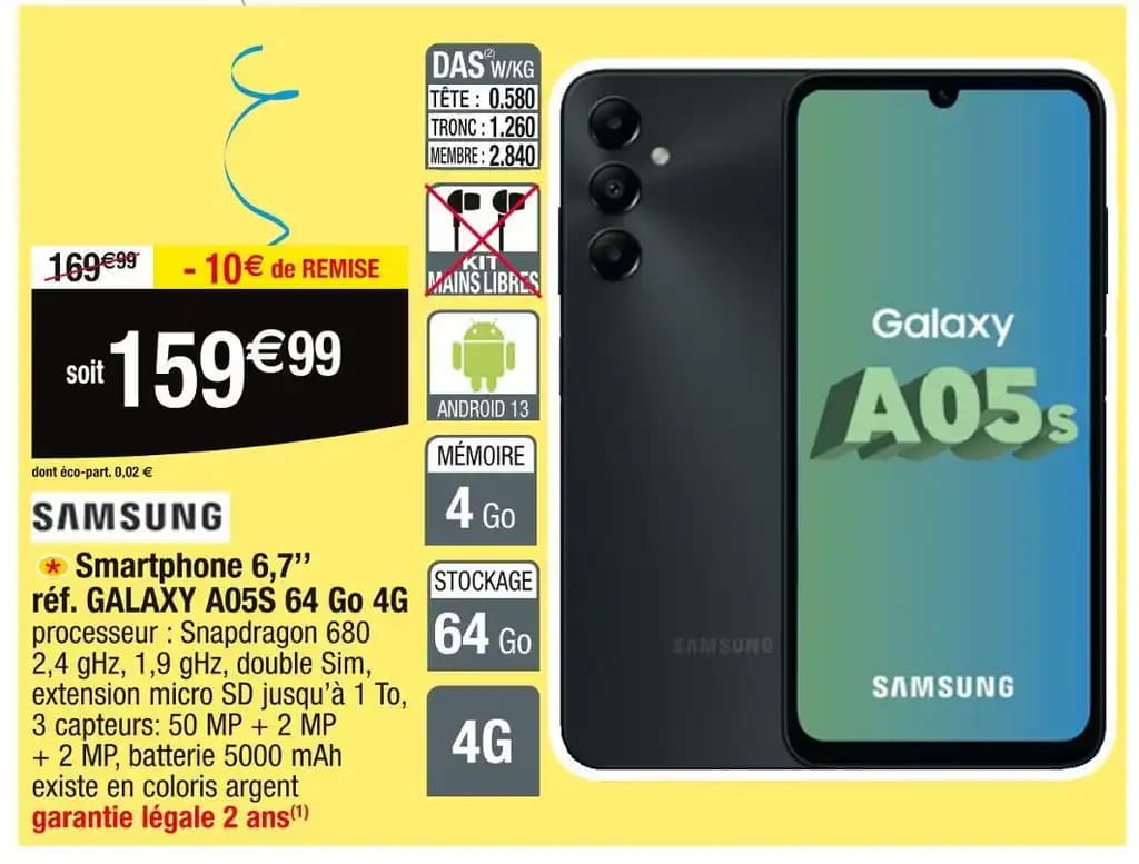 SAMSUNG Smartphone 6,7’’ réf. GALAXY A05S 64 Go 4G