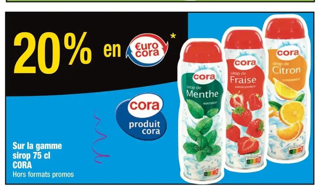 CORA 20% en €urocora Sur la gamme sirop 75 cl CORA