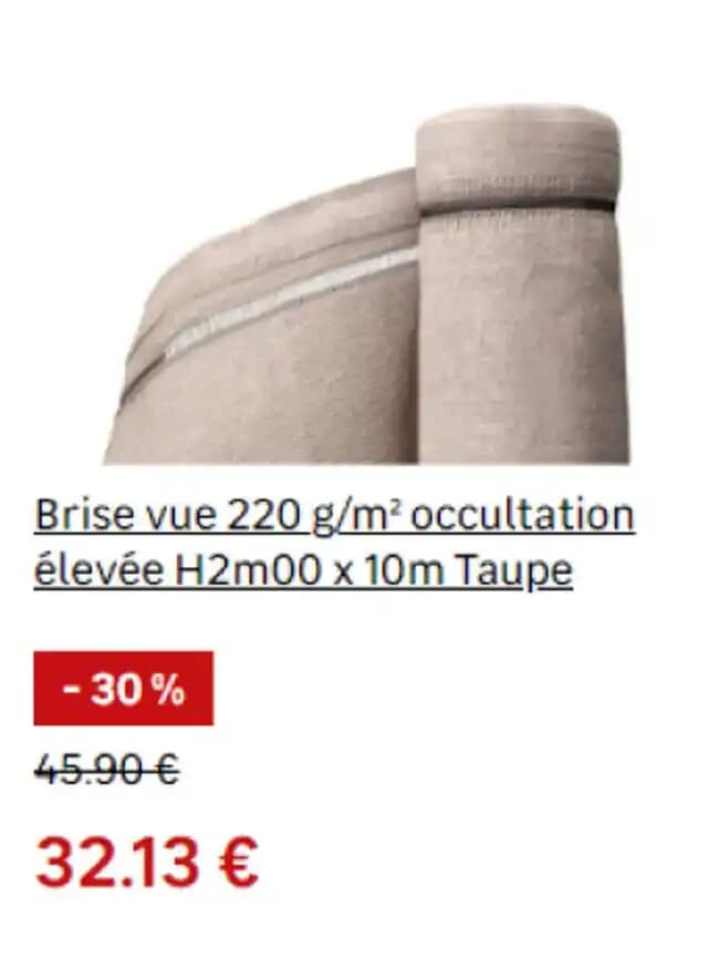 Brise vue 220 g/m² occultation élevée H2m00 x 10m Taupe