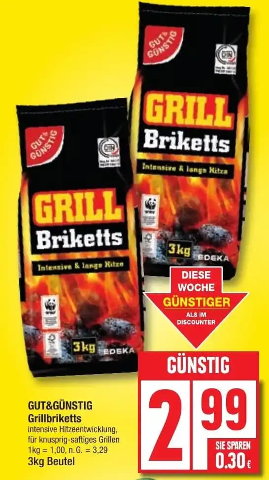 GUT&GÜNSTIG Grillbriketts 3kg Beutel