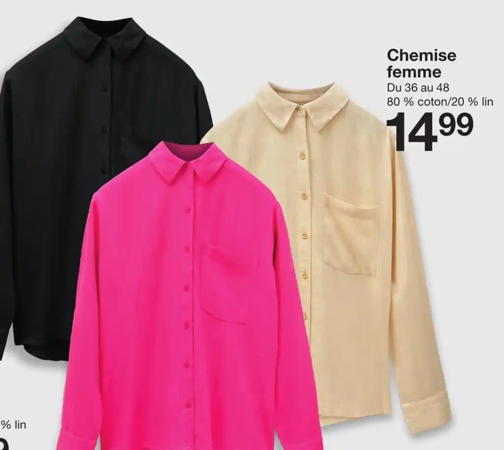 Chemise femme Du 36 au 48 80% coton/20% lin