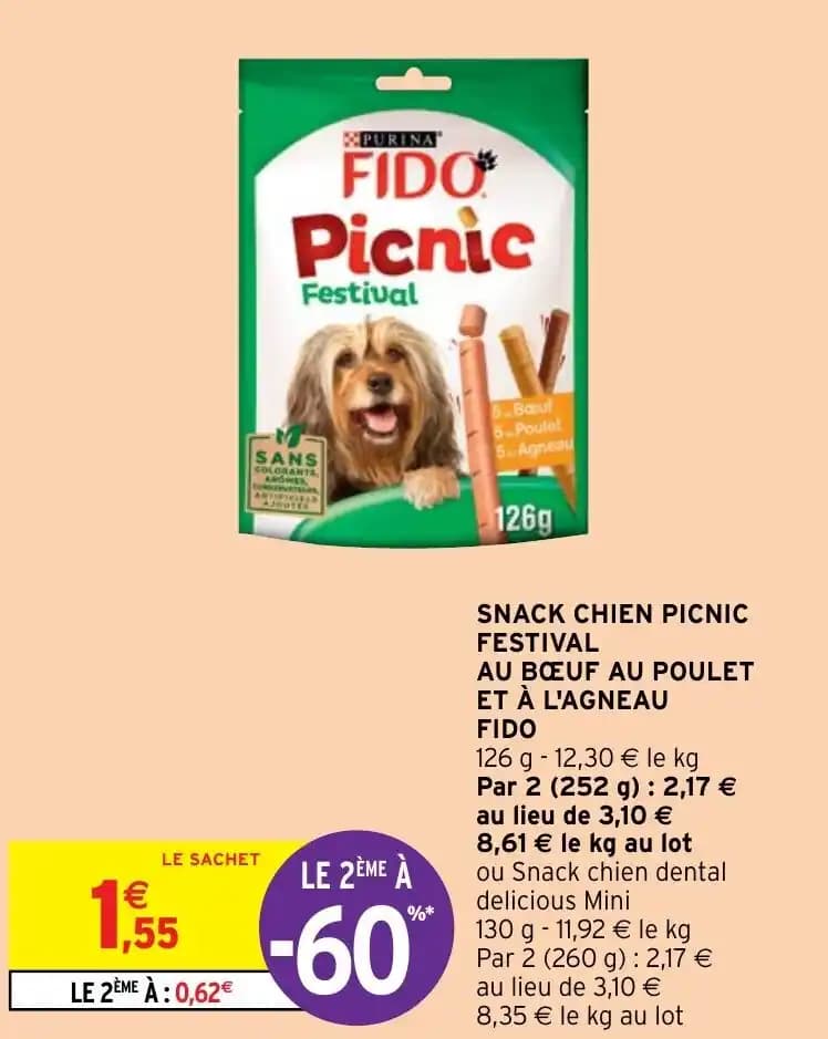 SNACK CHIEN PICNIC FESTIVAL AU BŒUF AU POULET ET À L'AGNEAU FIDO
