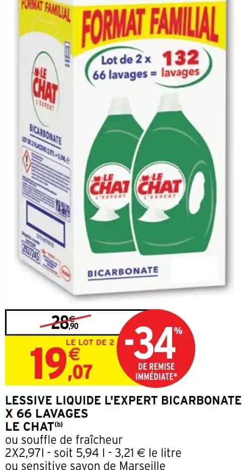 LESSIVE LIQUIDE L'EXPERT BICARBONATE X 66 LAVAGES LE CHAT (b)