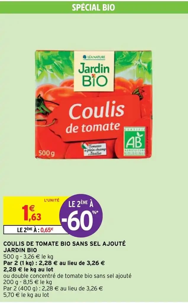 COULIS DE TOMATE BIO SANS SEL AJOUTÉ JARDIN BIO