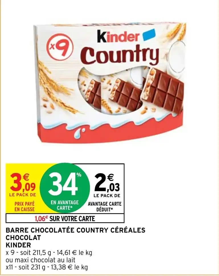BARRE CHOCOLATÉE COUNTRY CÉRÉALES CHOCOLAT KINDER