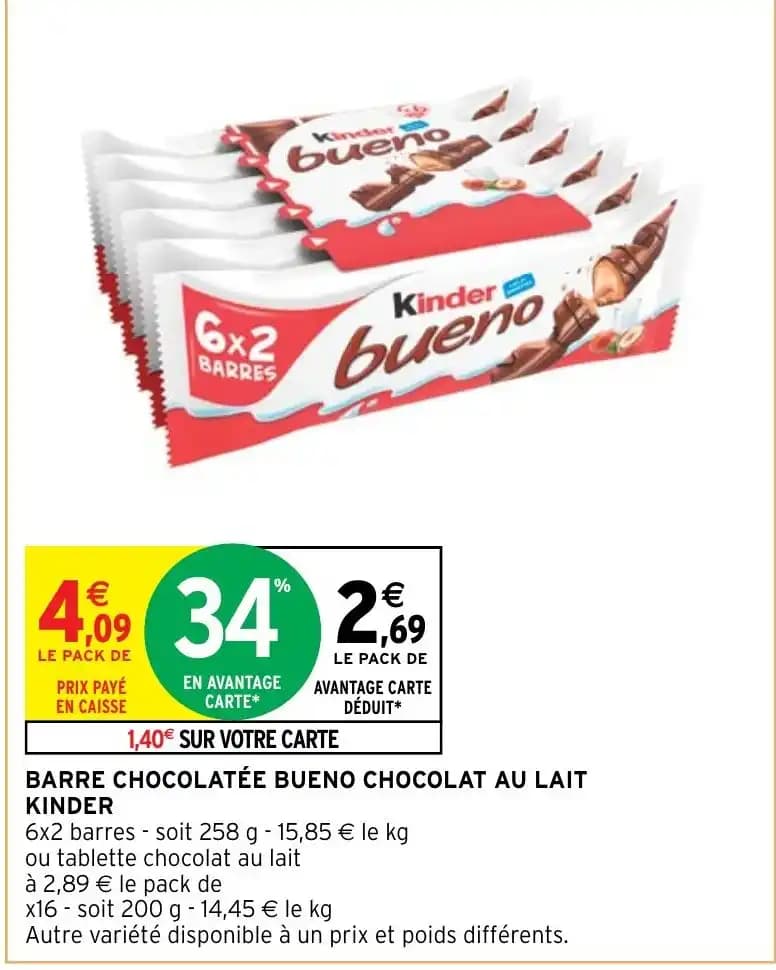 BARRE CHOCOLATÉE BUENO CHOCOLAT AU LAIT KINDER