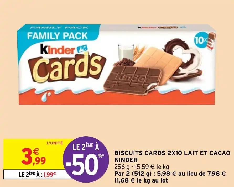 BISCUITS CARDS 2X10 LAIT ET CACAO KINDER