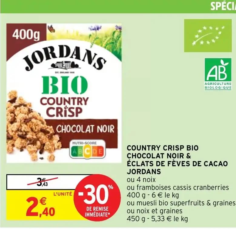 COUNTRY CRISP BIO CHOCOLAT NOIR & ÉCLATS DE FÈVES DE CACAO JORDANS