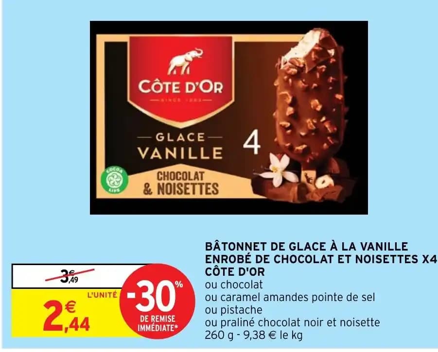 BÂTONNET DE GLACE À LA VANILLE ENROBÉ DE CHOCOLAT ET NOISETTES X4 CÔTE D'OR