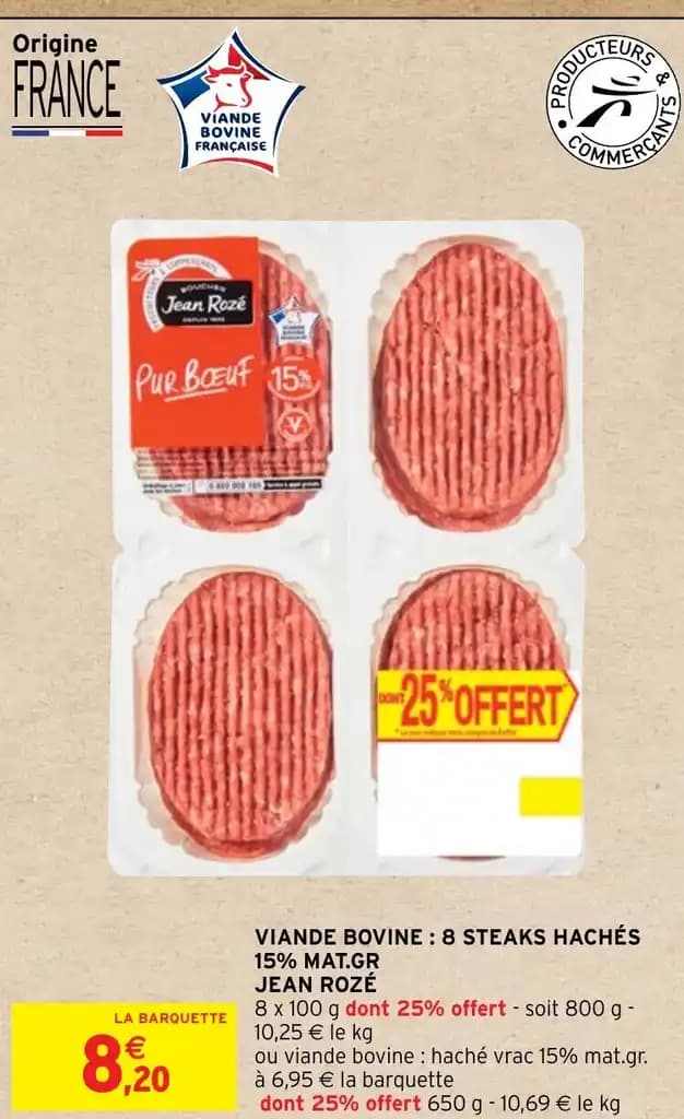 VIANDE BOVINE: 8 STEAKS HACHÉS 15% MAT.GR JEAN ROZÉ