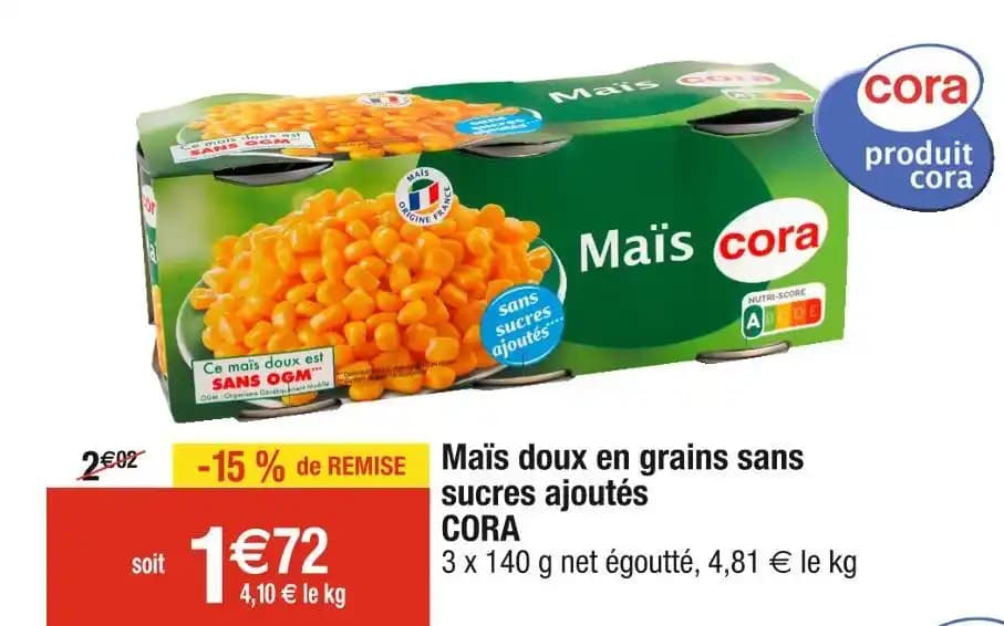 CORA Maïs doux en grains sans sucres ajoutés