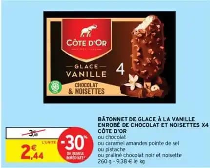 Côte d'or - bâtonnet de glace à la vanille enrobé de chocolat et noisettes
