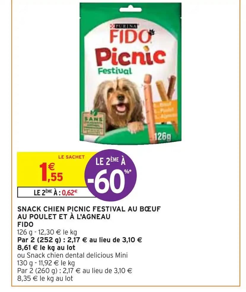 FIDO SNACK CHIEN PICNIC FESTIVAL AU BŒUF AU POULET ET À L'AGNEAU