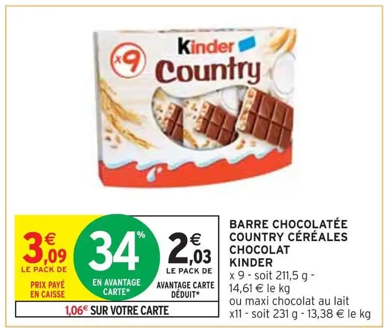 KINDER BARRE CHOCOLATÉE COUNTRY CÉRÉALES CHOCOLAT