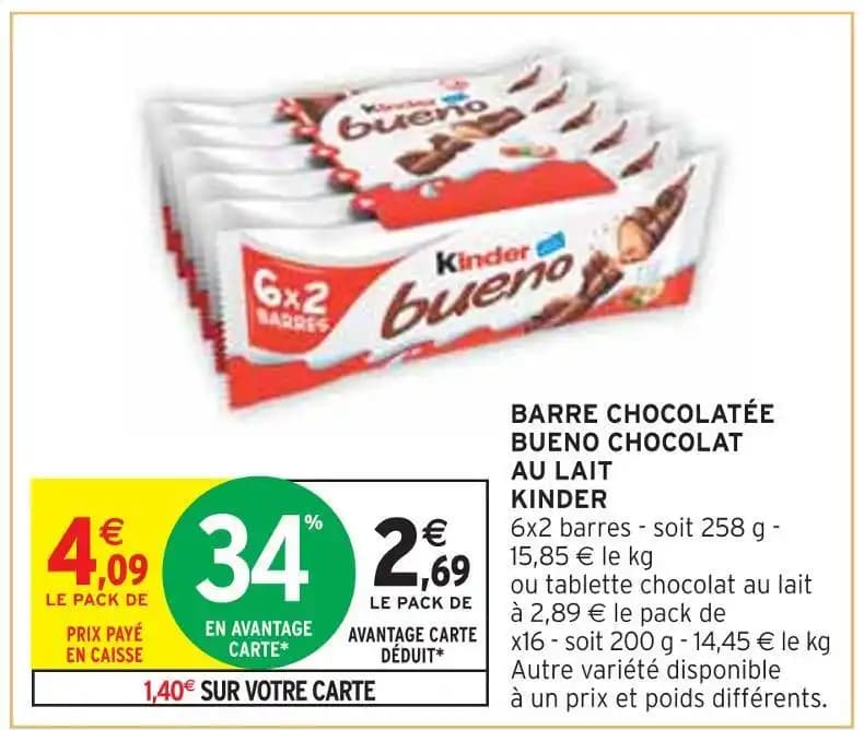 KINDER BARRE CHOCOLATÉE BUENO CHOCOLAT AU LAIT