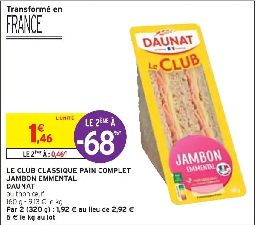 DAUNAT LE CLUB CLASSIQUE PAIN COMPLET JAMBON EMMENTAL