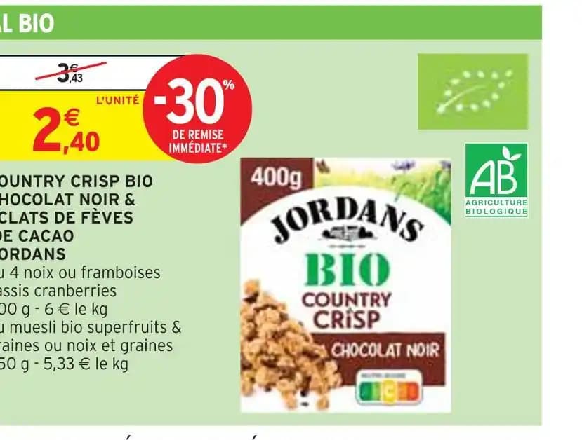 JORDANS COUNTRY CRISP BIO CHOCOLAT NOIR & ÉCLATS DE FÈVES DE CACAO