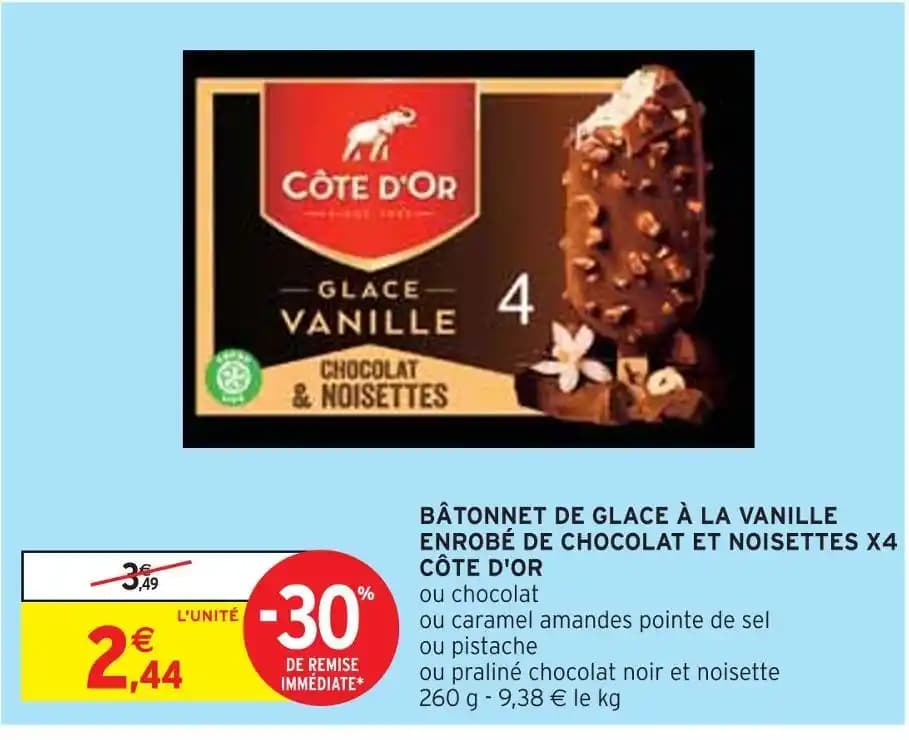 CÔTE D'OR BÂTONNET DE GLACE À LA VANILLE ENROBÉ DE CHOCOLAT ET NOISETTES X4