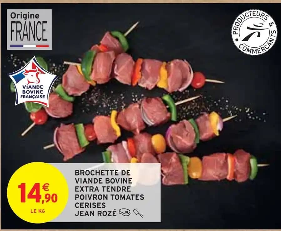 JEAN ROZÉ BROCHETTE VIANDE BOVINE EXTRA TENDRE POIVRON TOMATES CERISES