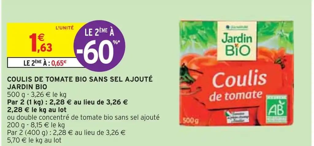 JARDIN BIO COULIS DE TOMATE BIO SANS SEL AJOUTÉ