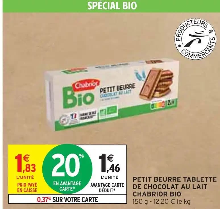 CHABRIOR PETIT BEURRE TABLETTE DE CHOCOLAT AU LAIT BIO