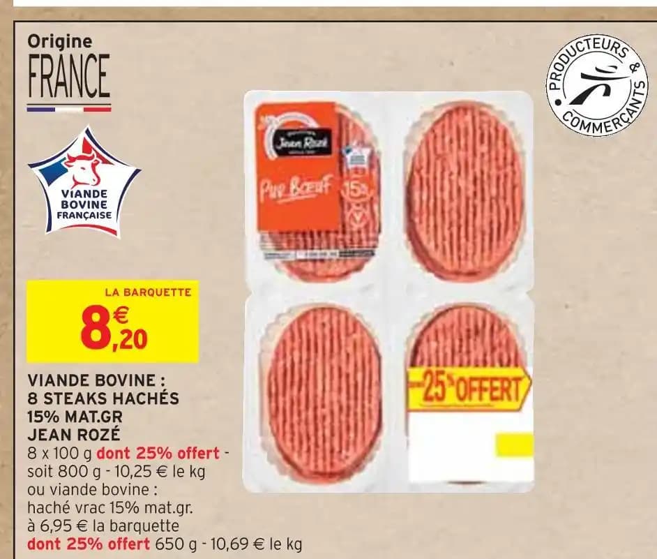JEAN ROZÉ VIANDE BOVINE : 8 STEAKS HACHÉS 15% MAT.GR